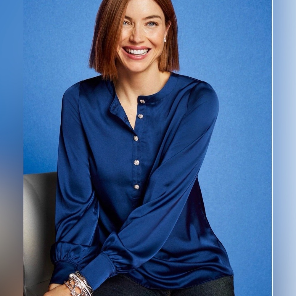 Talbots Jewel Button Satin Top Size XS Royal Blue